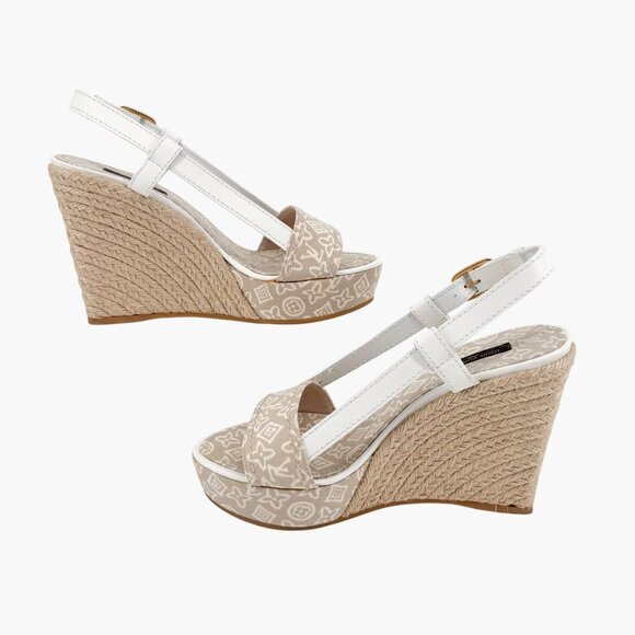 Louis Vuitton Espadrille Wedge Sandals Size 38.5 US 8.5 Beige LV Canvas Platform - Picture 10 of 14
